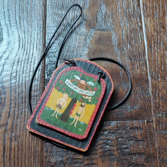 Vintage Hand-Painted Wooden Adam & Eve Folk Art Plaque Necklace by Barbra Olsen - Picture 3 of 7